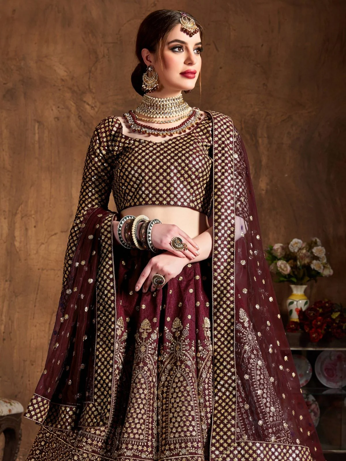 Odette Maroon And Gold Silk Blend Embroidered Semi Stitched Lehenga With Blouse For Women - Image 5