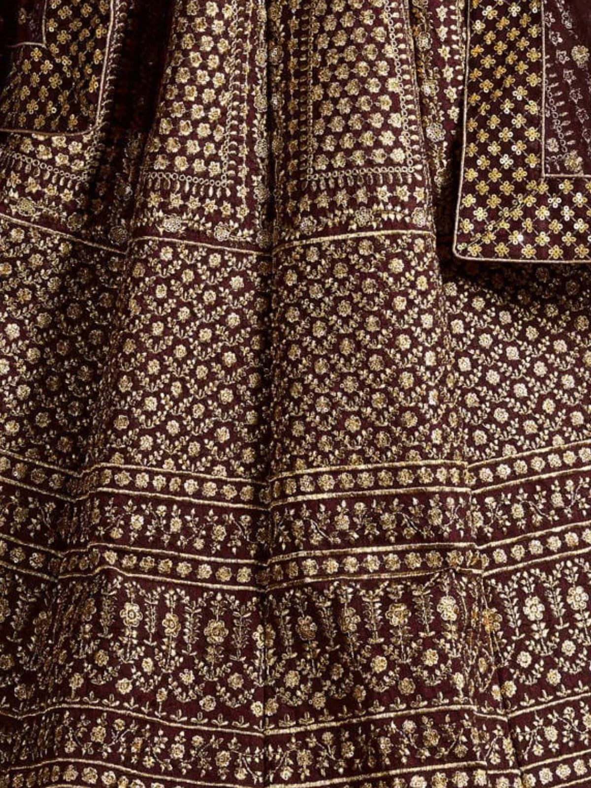 Odette Maroon And Gold Silk Blend Embroidered Semi Stitched Lehenga With Blouse For Women - Image 6