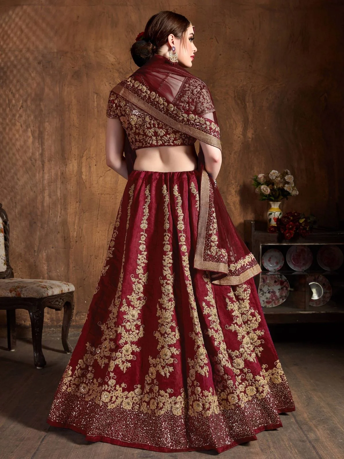 Odette Maroon And Gold Silk Blend Embroidered Semi Stitched Lehenga With Blouse For Women - Image 3