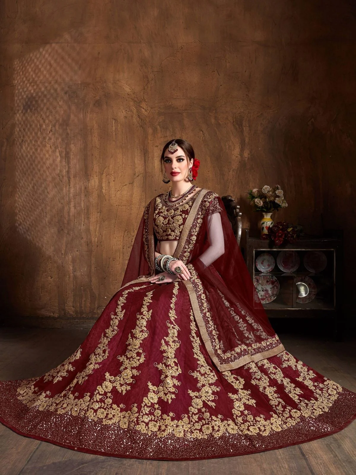Odette Maroon And Gold Silk Blend Embroidered Semi Stitched Lehenga With Blouse For Women - Image 4