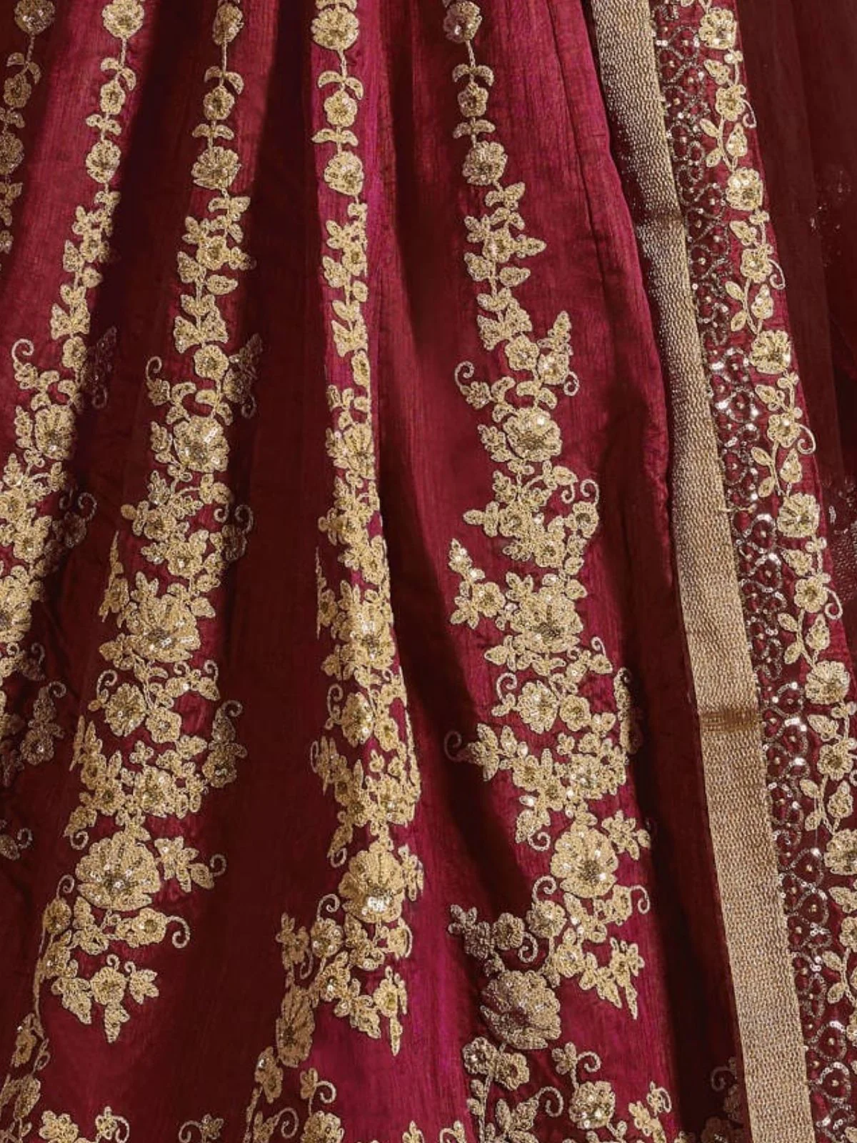 Odette Maroon And Gold Silk Blend Embroidered Semi Stitched Lehenga With Blouse For Women - Image 6