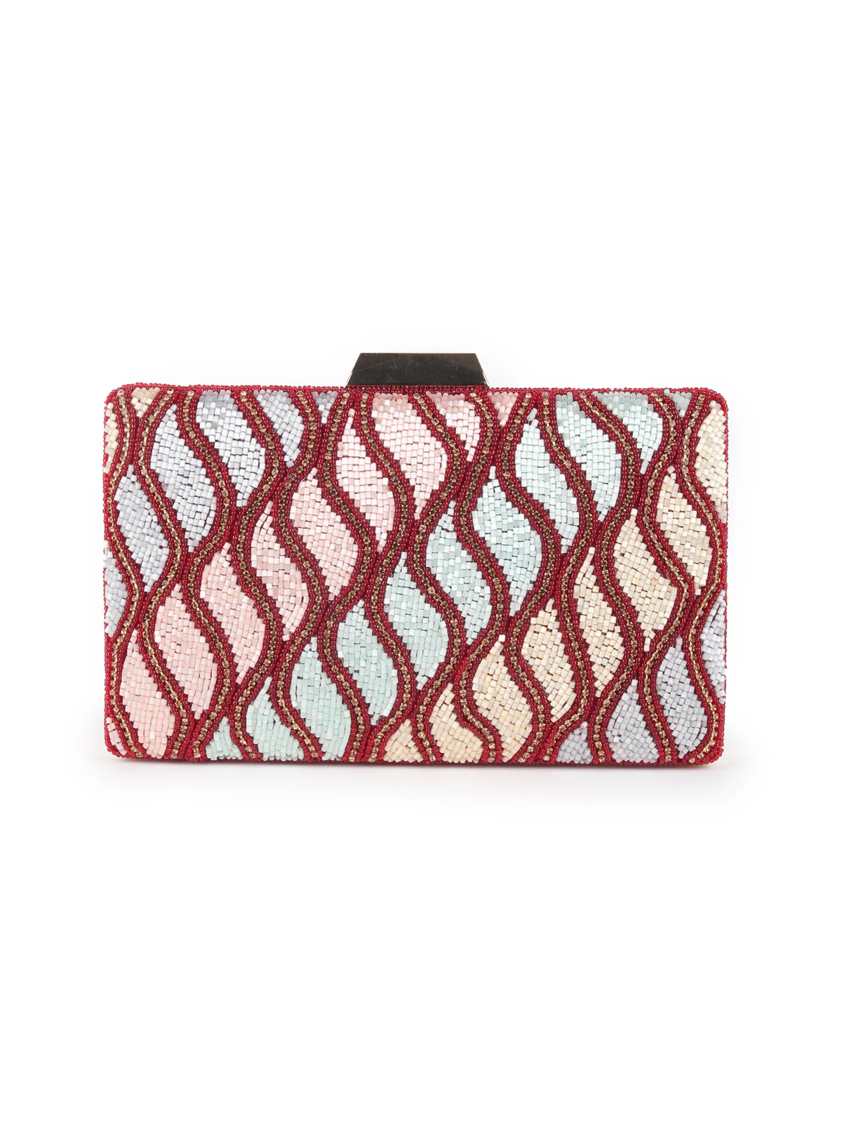 Odette Maroon and Multicolor Beads Embroidered Clutch for Women - Image 3