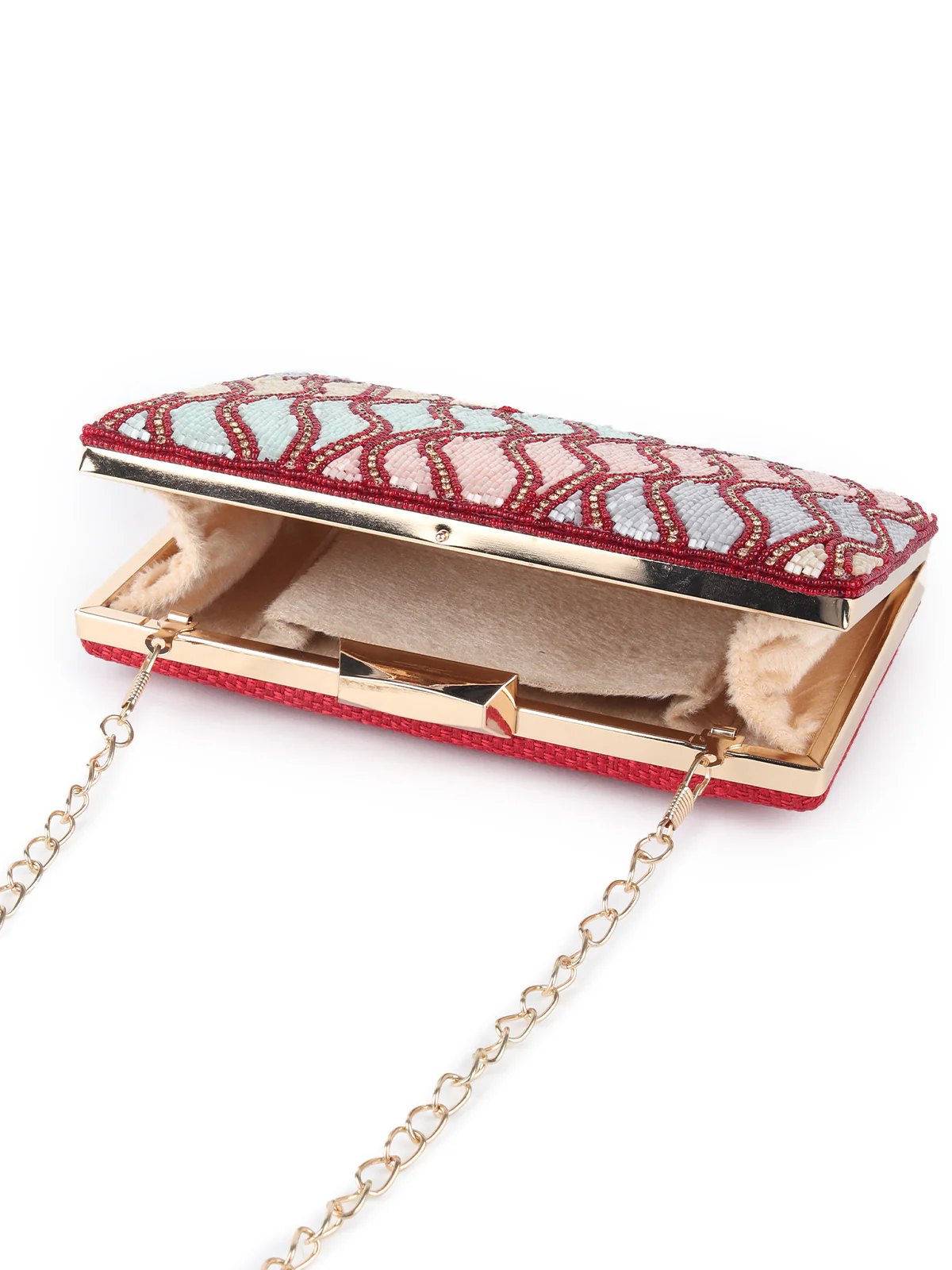 Odette Maroon and Multicolor Beads Embroidered Clutch for Women - Image 6