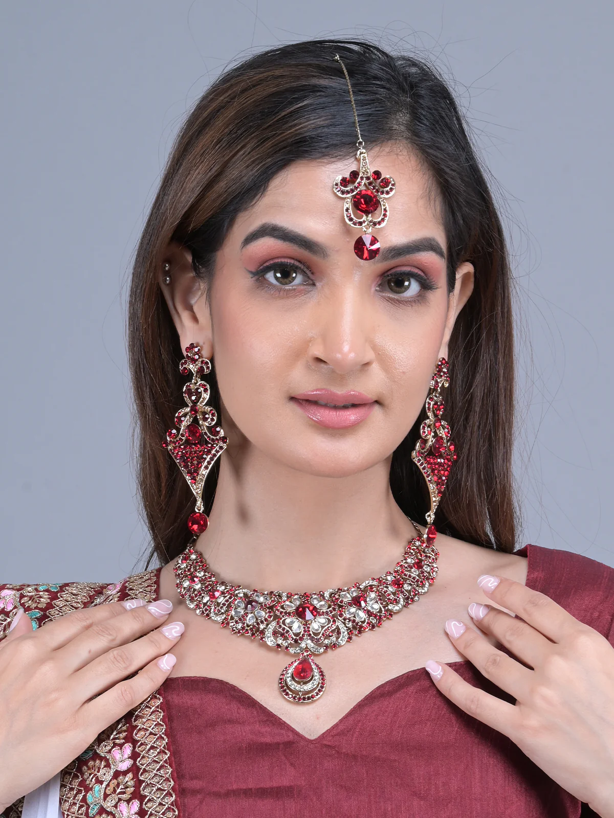 Odette Maroon and White Gemstone Embellished Jewellery Set with Maangtika for Women
