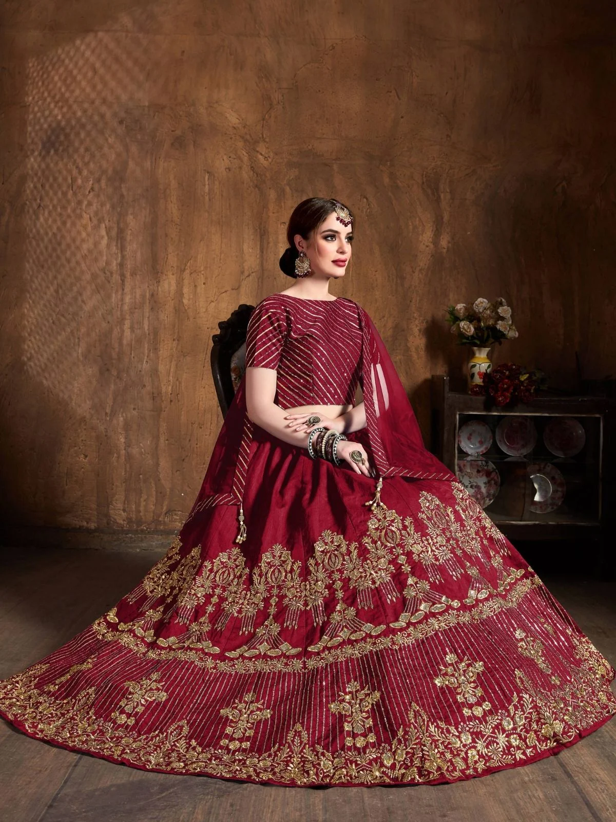 Odette Maroon Art Silk Embroidered Semi Stitched Lehenga With Blouse For Women - Image 4