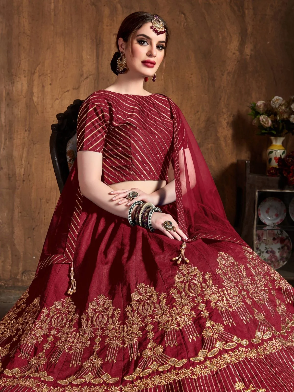 Odette Maroon Art Silk Embroidered Semi Stitched Lehenga With Blouse For Women - Image 5