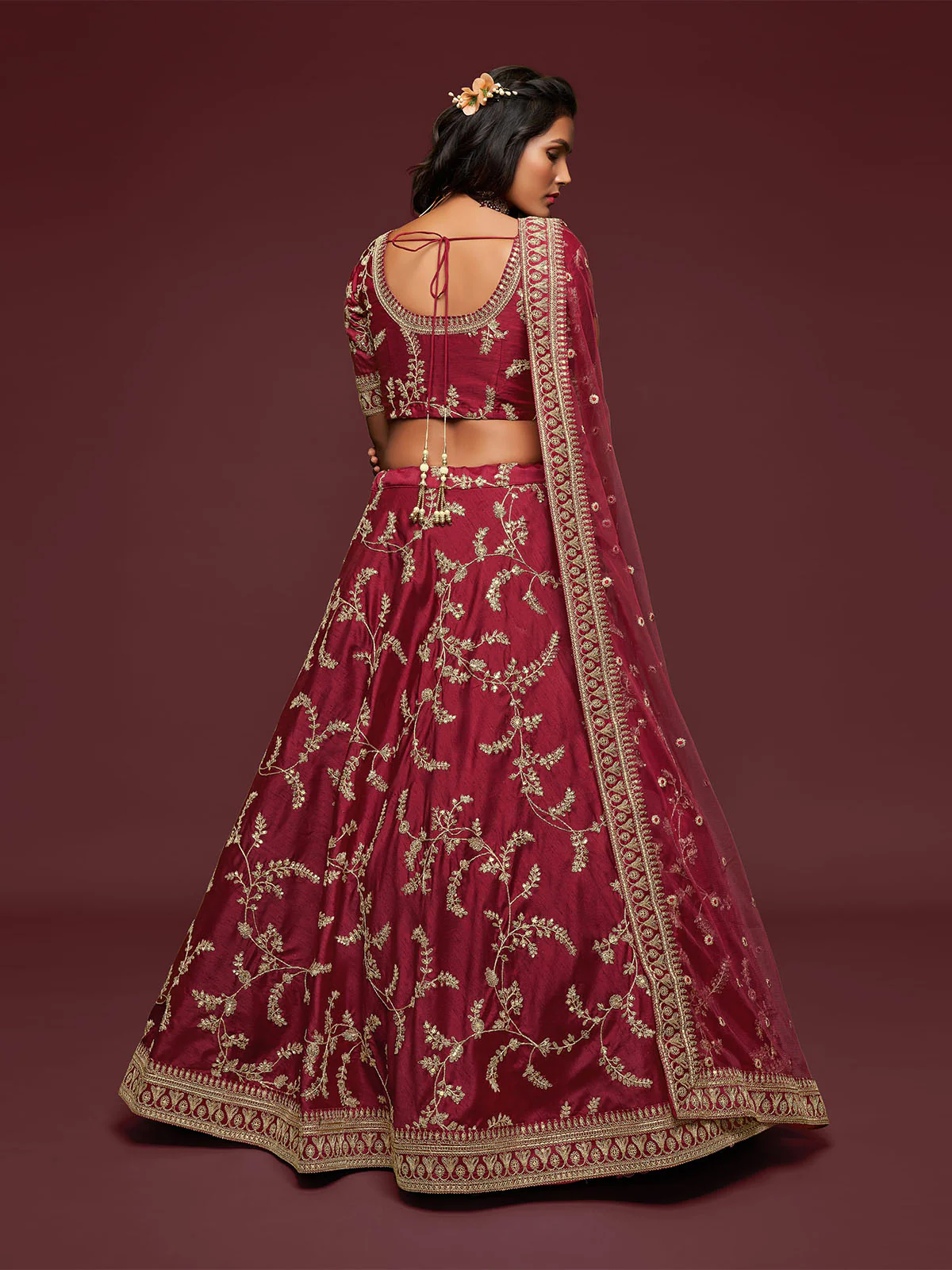 Odette Maroon Art Silk Embroidered Semi Stitched Lehenga With Unstitched Blouse For Women - Image 3
