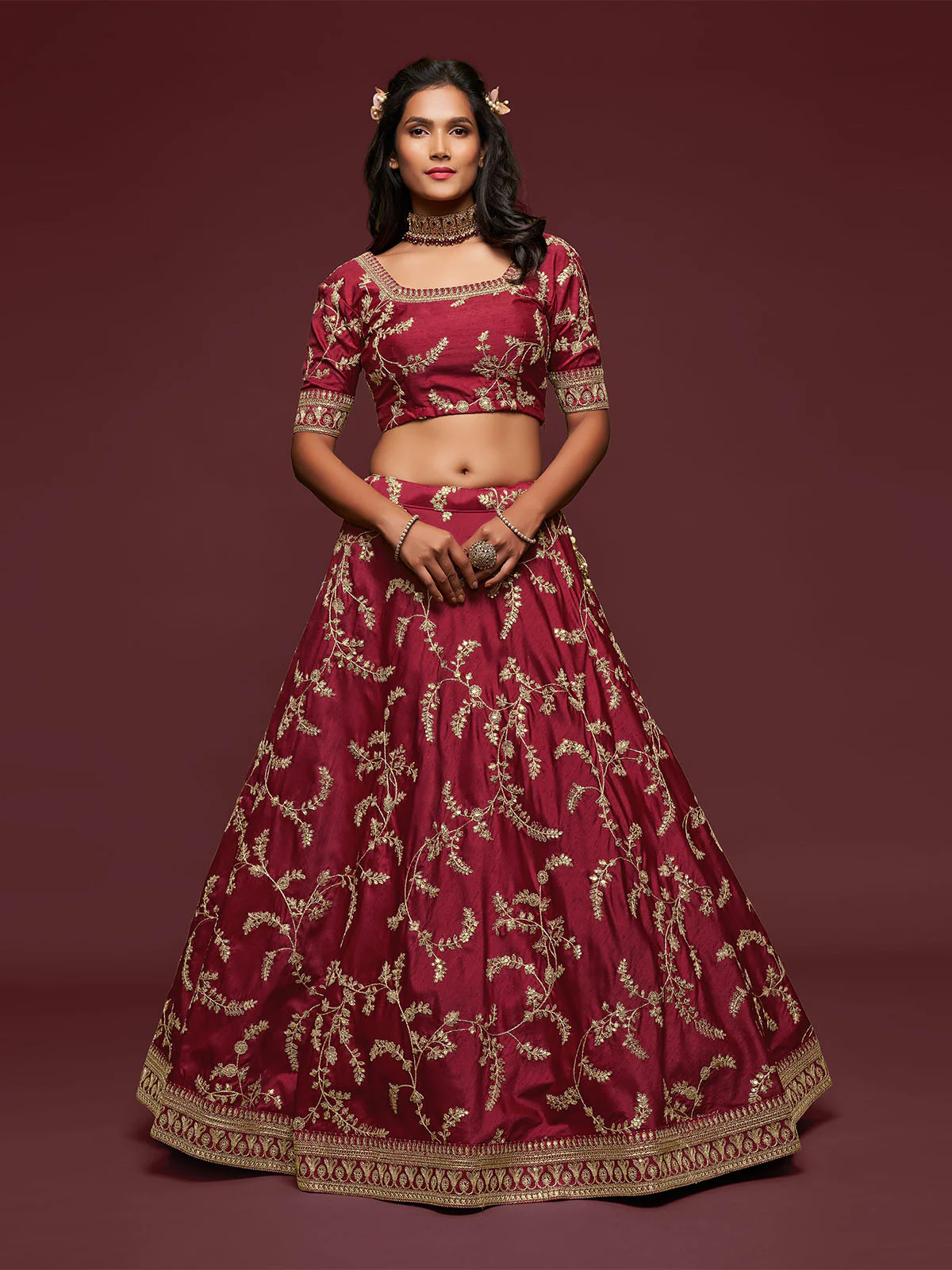Odette Maroon Art Silk Embroidered Semi Stitched Lehenga With Unstitched Blouse For Women - Image 4