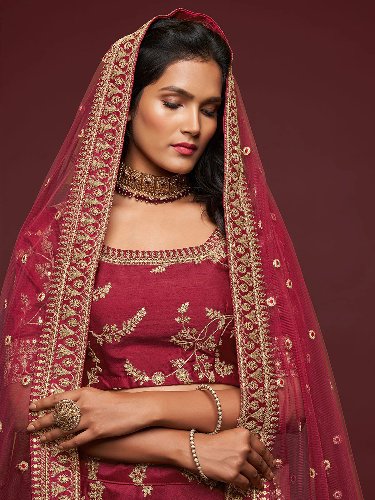 Odette Maroon Art Silk Embroidered Semi Stitched Lehenga With Unstitched Blouse For Women - Image 5