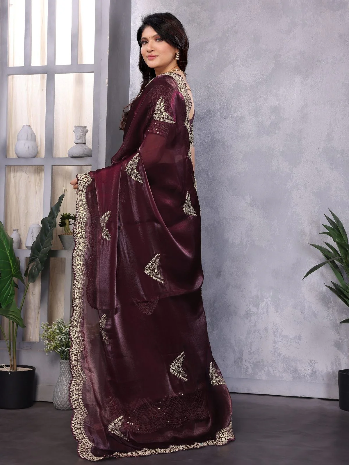Odette Maroon Chiffon Embroidered Saree For Women - Image 3