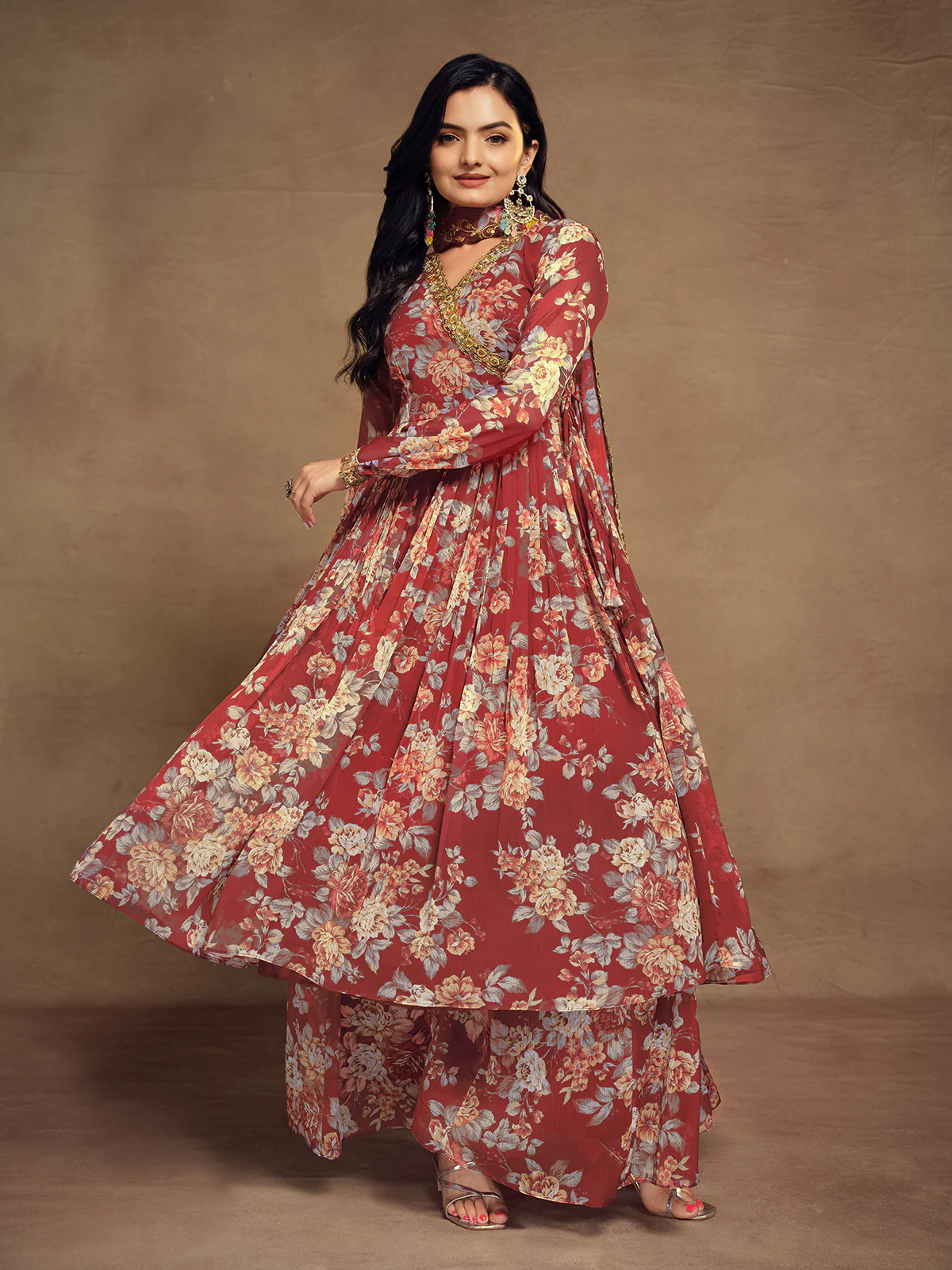 Odette Maroon Chiffon Printed Stitched Salwar Suit For Women - Image 2
