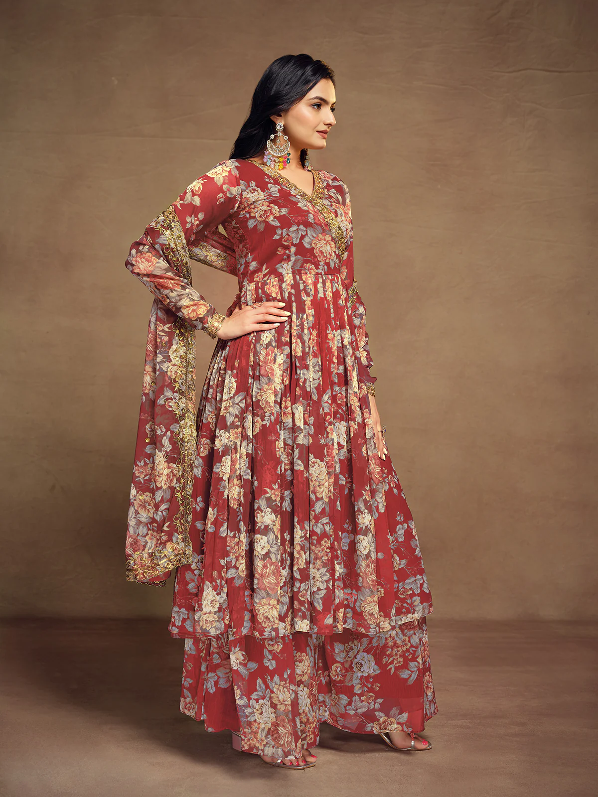 Odette Maroon Chiffon Printed Stitched Salwar Suit For Women - Image 3