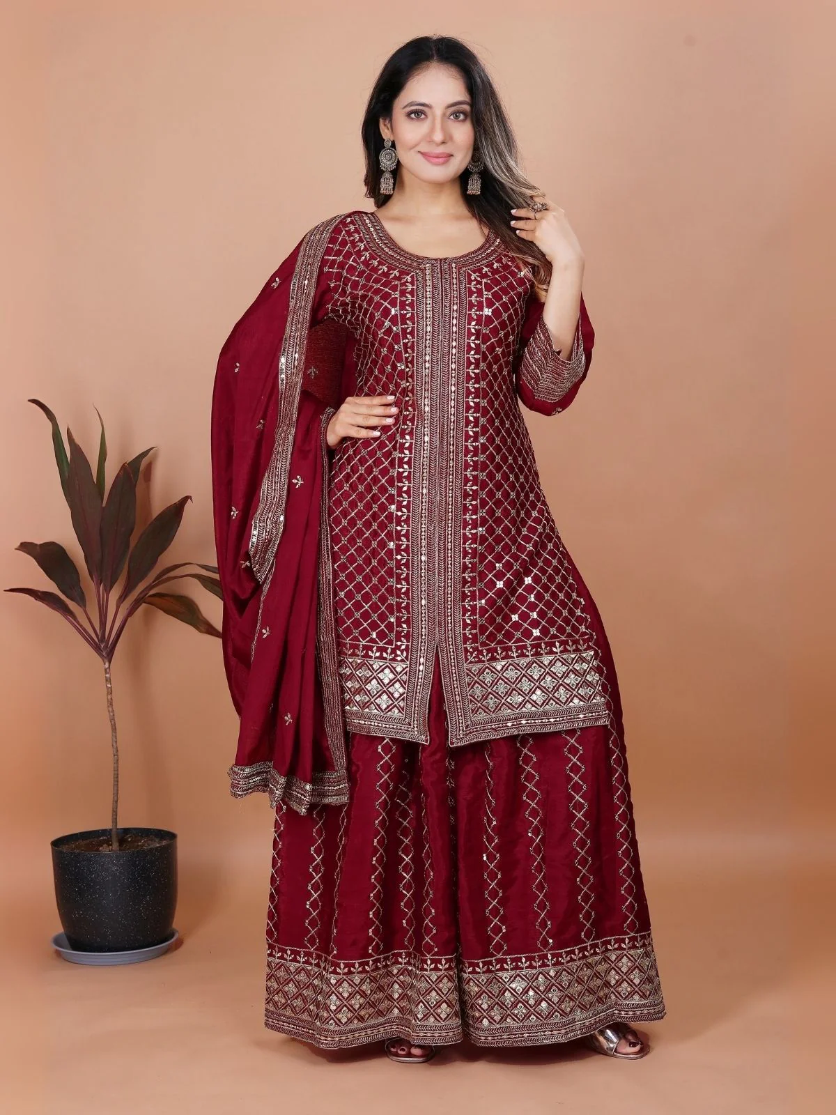 Odette Maroon Chinon Embroidered Stitched Kurta Set For Women - Image 2
