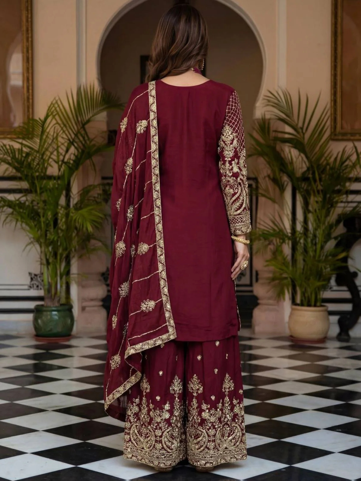 Odette Maroon Chinon Solid Stitched Kurta Set For Women - Image 5
