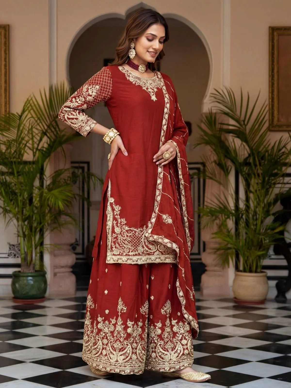 Odette Maroon Chinon Solid Stitched Kurta Set For Women - Image 2