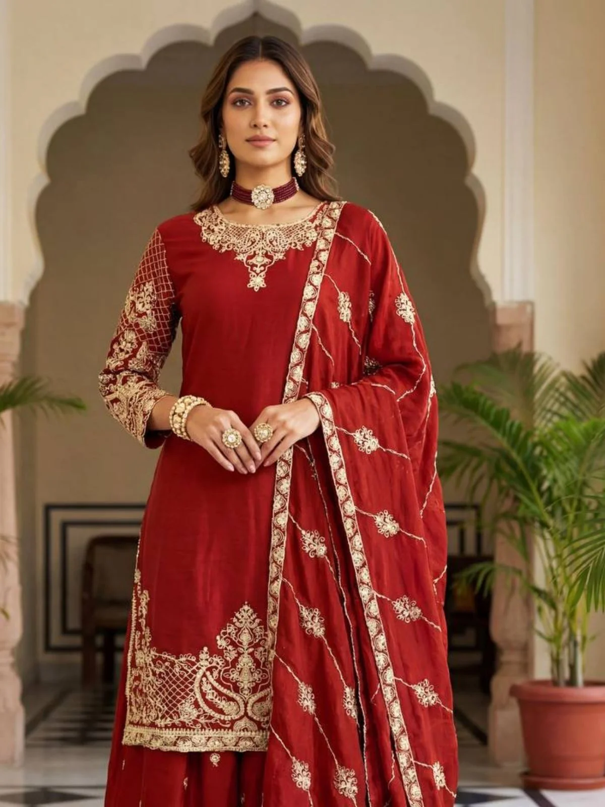 Odette Maroon Chinon Solid Stitched Kurta Set For Women - Image 4