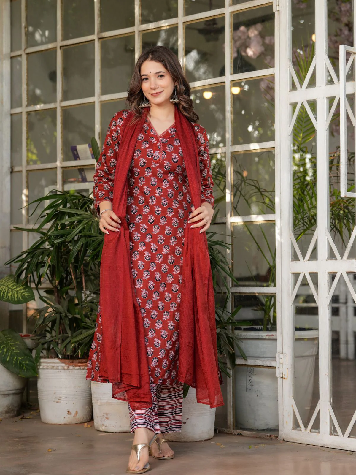 Odette Maroon Cotton Blend Printed Stitched KurtaÂ SetÂ ForÂ Women - Image 2