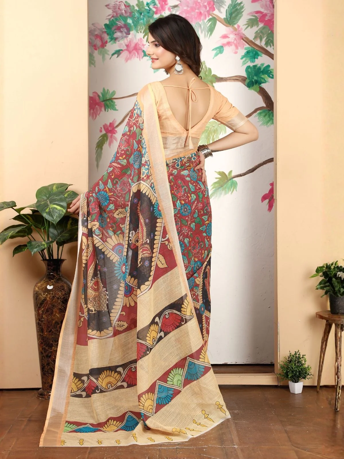 Odette Maroon Cotton Linen Woven Printed Saree For Women - Image 3