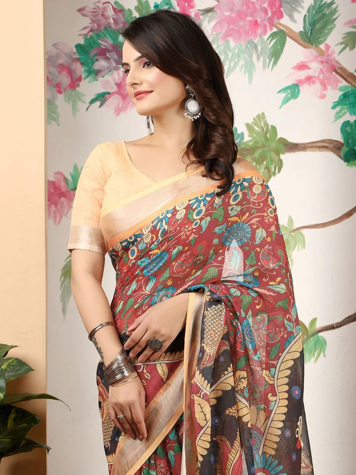 Odette Maroon Cotton Linen Woven Printed Saree For Women - Image 4