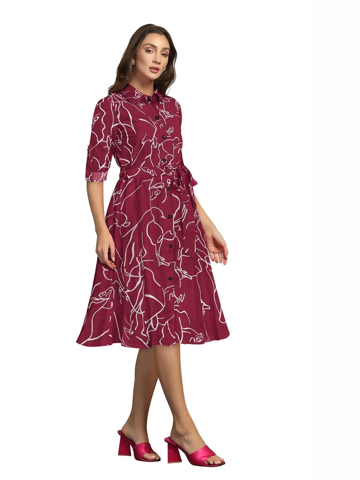 Odette Maroon Cotton Printed Dress For Women - Image 2