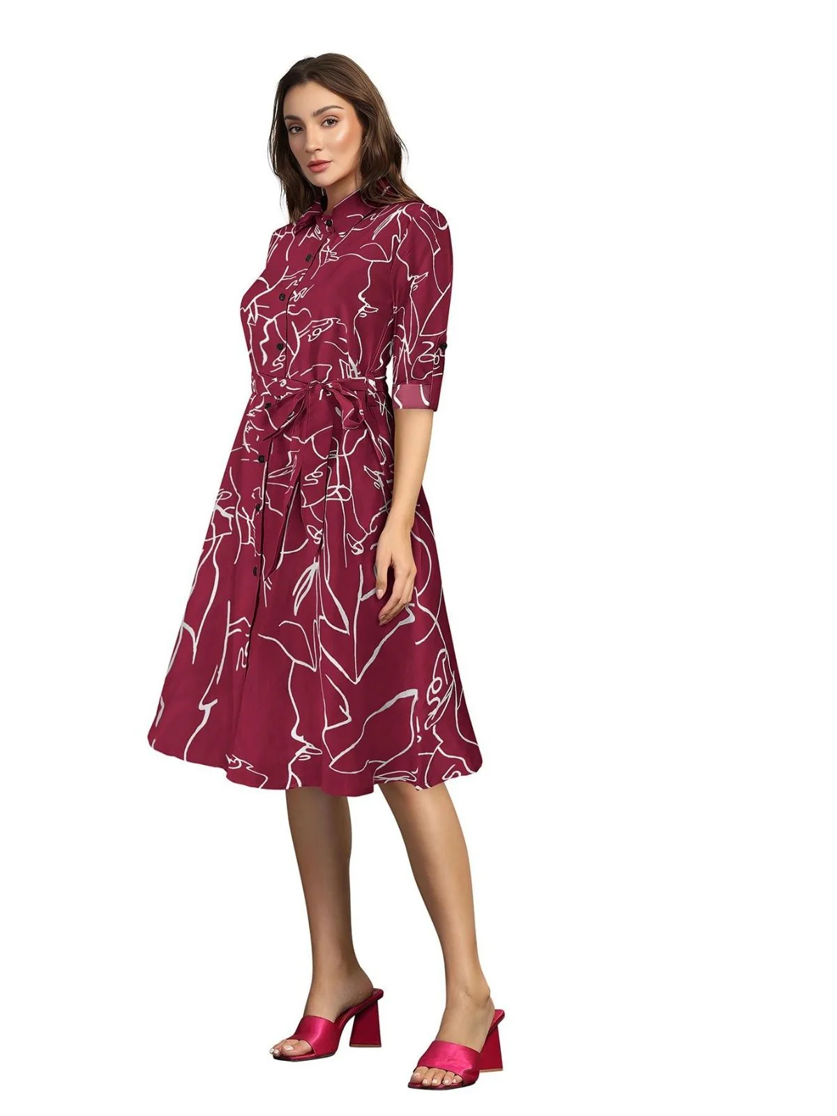 Odette Maroon Cotton Printed Dress For Women - Image 3