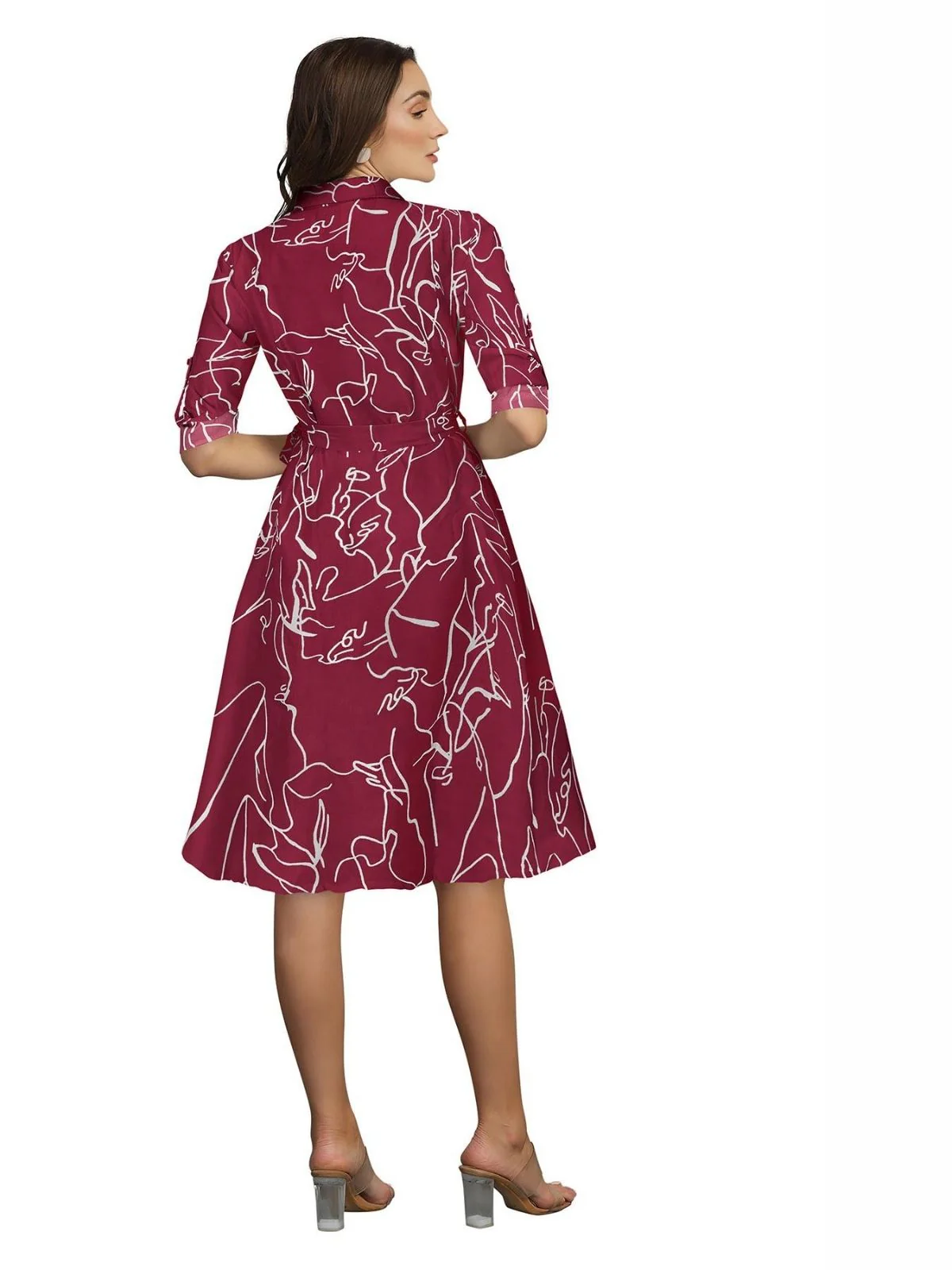 Odette Maroon Cotton Printed Dress For Women - Image 4
