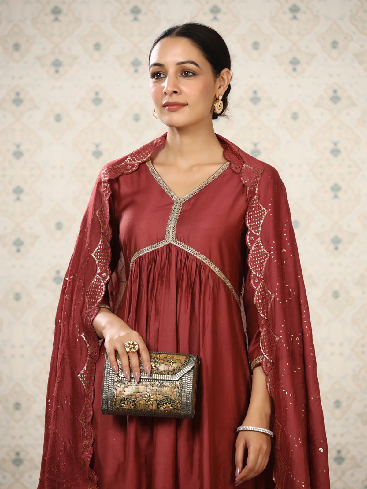 Odette Maroon Cotton Front Yoke Gathered Stitched Kurta Set For Women - Image 4