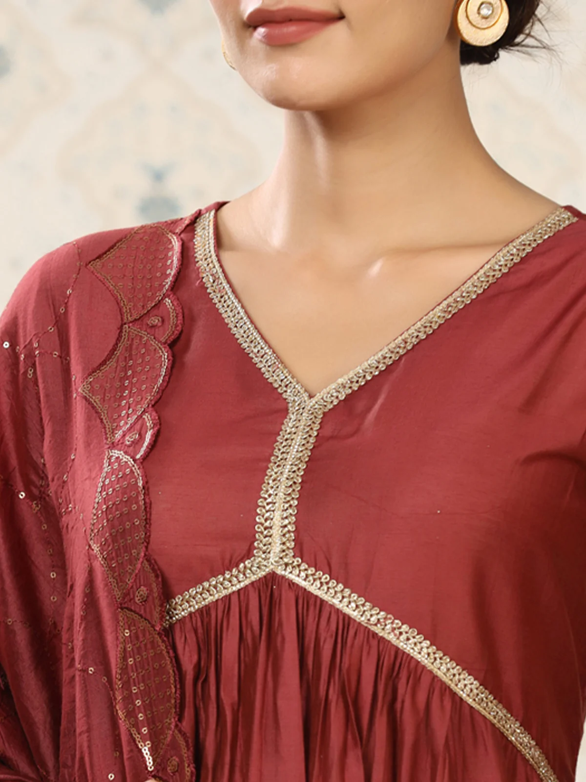 Odette Maroon Cotton Front Yoke Gathered Stitched Kurta Set For Women - Image 5