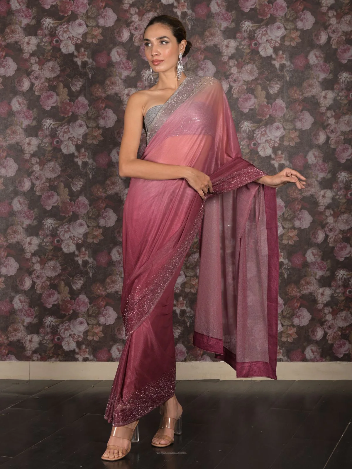 Odette Maroon Embellished Polyester Shaded Saree for Women - Image 2