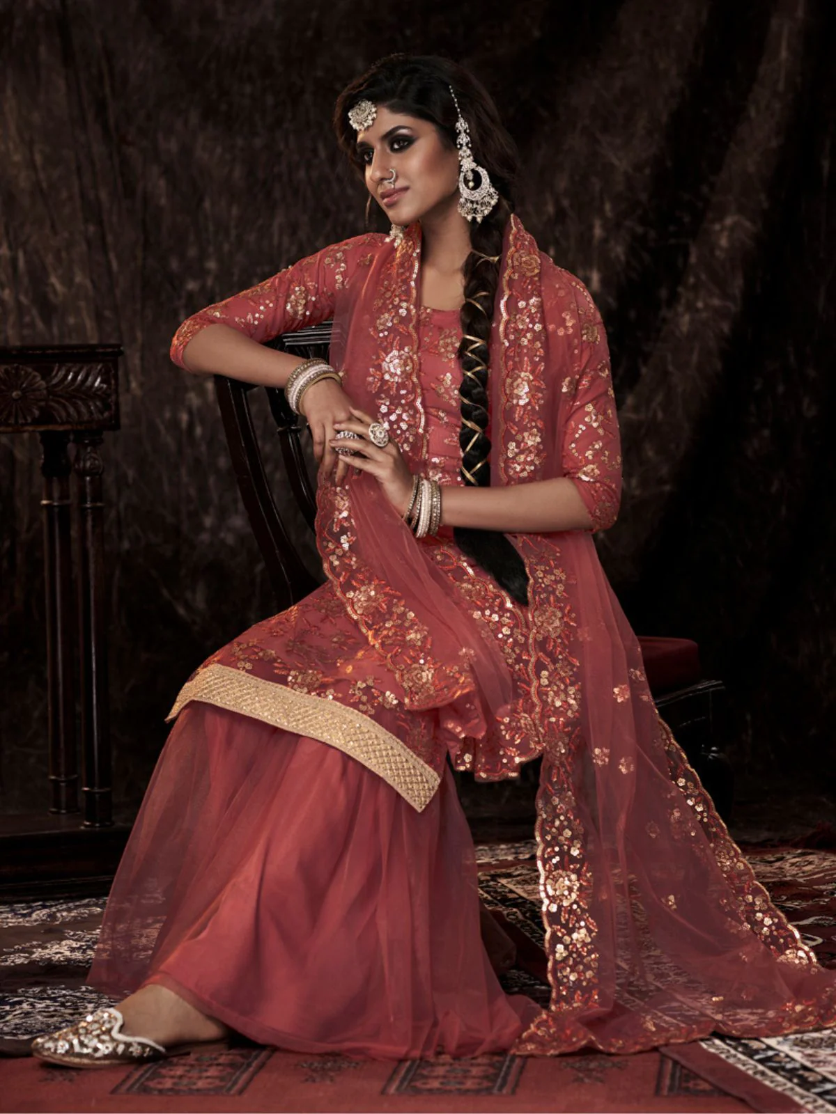 Odette Maroon Embellished Soft Net Semi Stitched Kurta Set With Dupatta For Women - Image 2