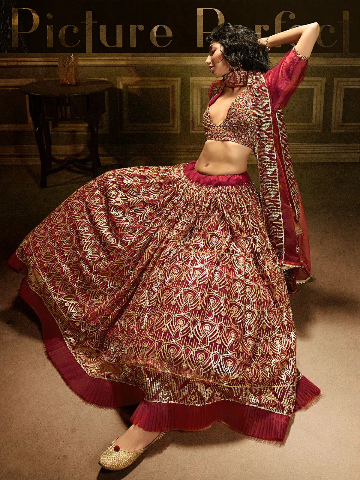 Odette Maroon Embellished Soft Net Semi Stitched Lehenga With Blouse For Women - Image 2