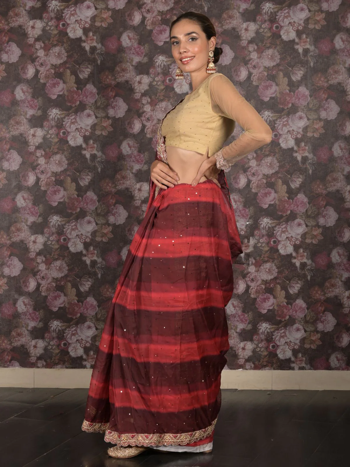 Odette Maroon Embroidered Crepe Saree with Unstitched Blouse for Women - Image 3