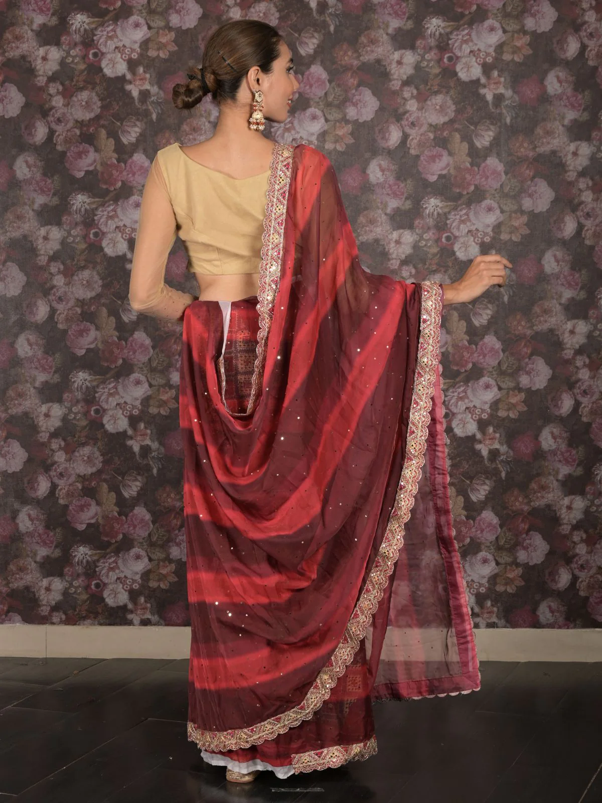 Odette Maroon Embroidered Crepe Saree with Unstitched Blouse for Women - Image 4
