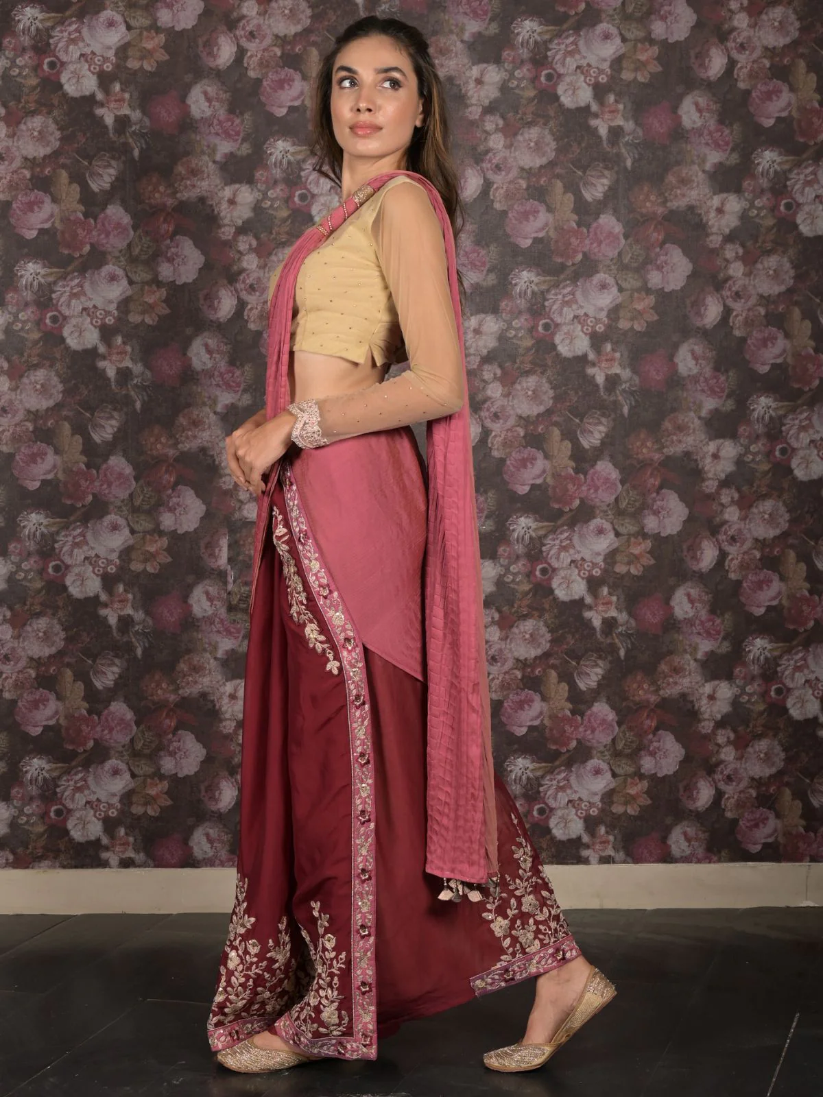 Odette Maroon Embroidered Crepe Saree With Unstitched Blouse For Women - Image 3