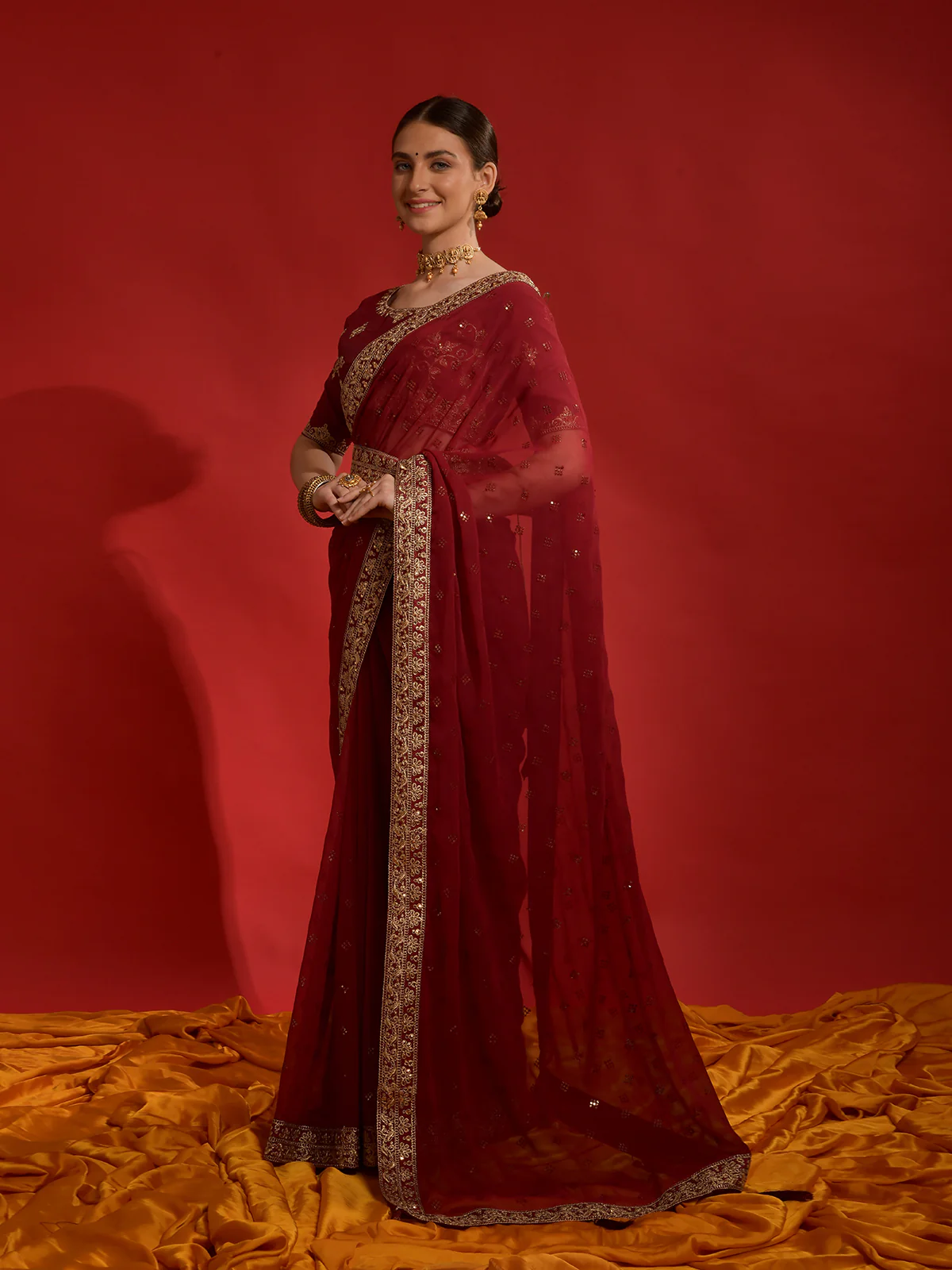 Odette Maroon Embroidered Georgette Saree With Unstitched Blouse For Women - Image 2