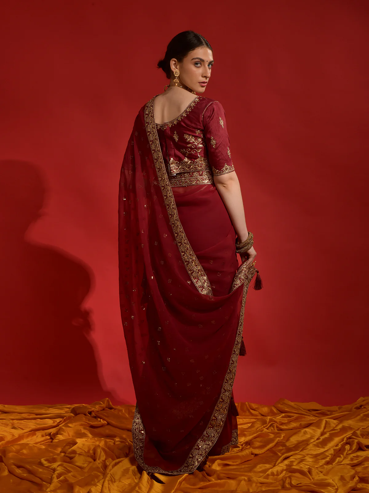 Odette Maroon Embroidered Georgette Saree With Unstitched Blouse For Women - Image 4