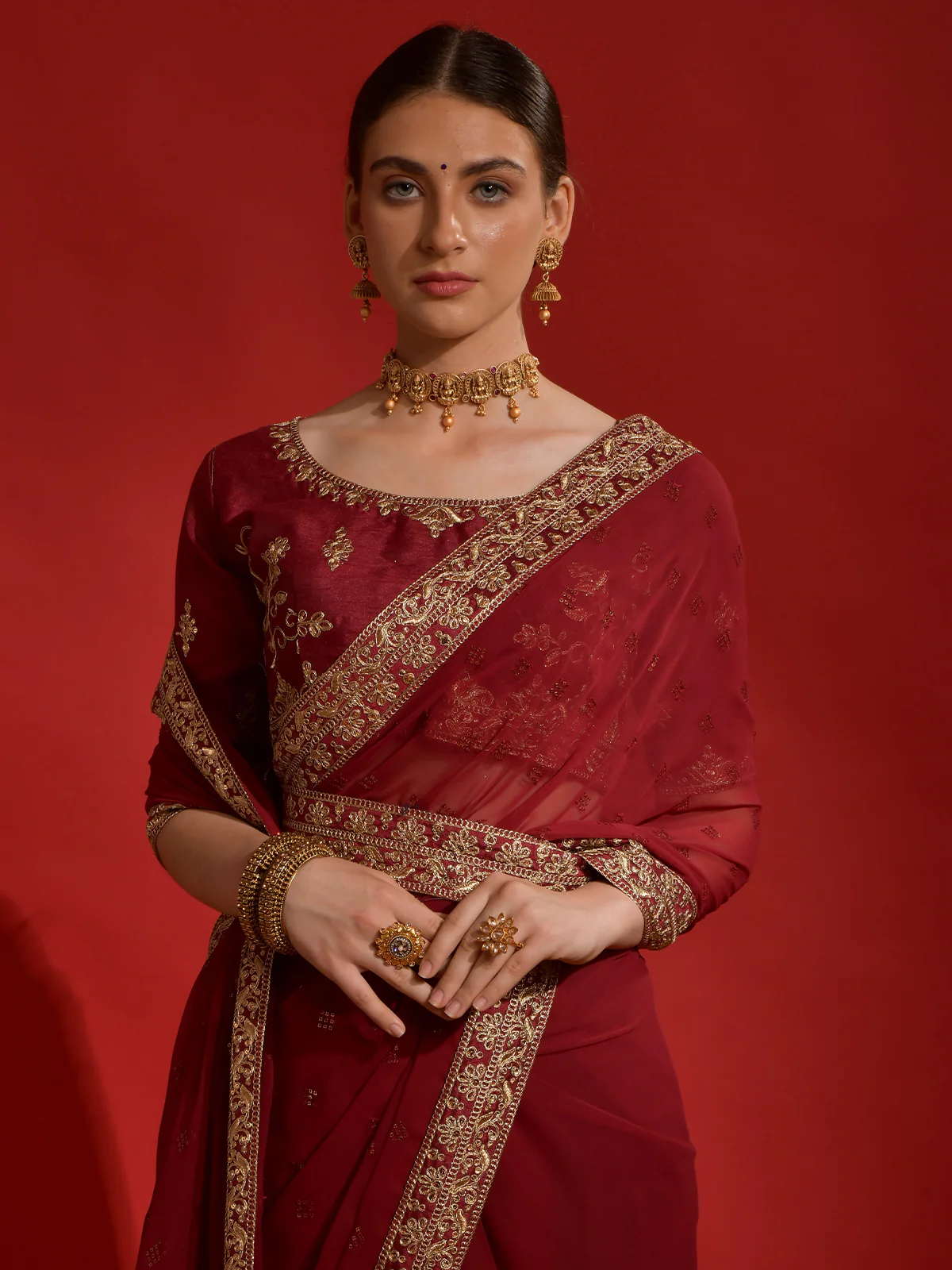 Odette Maroon Embroidered Georgette Saree With Unstitched Blouse For Women - Image 5