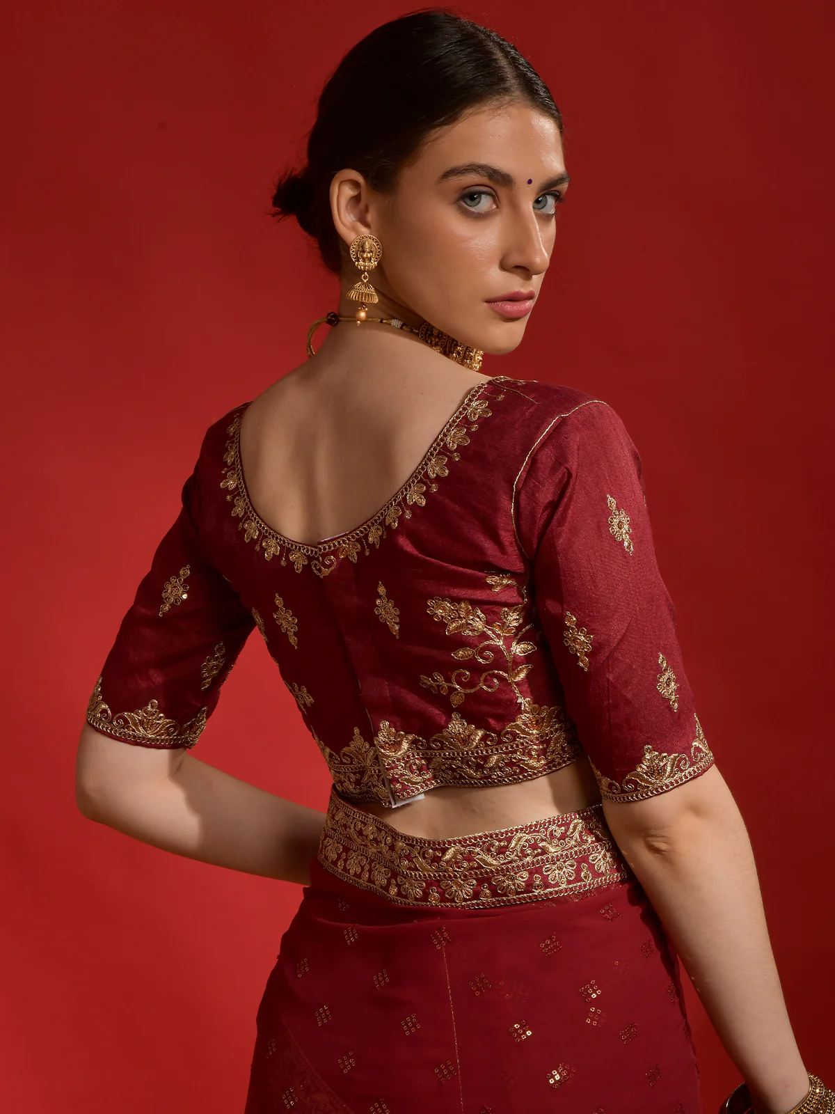 Odette Maroon Embroidered Georgette Saree With Unstitched Blouse For Women - Image 7