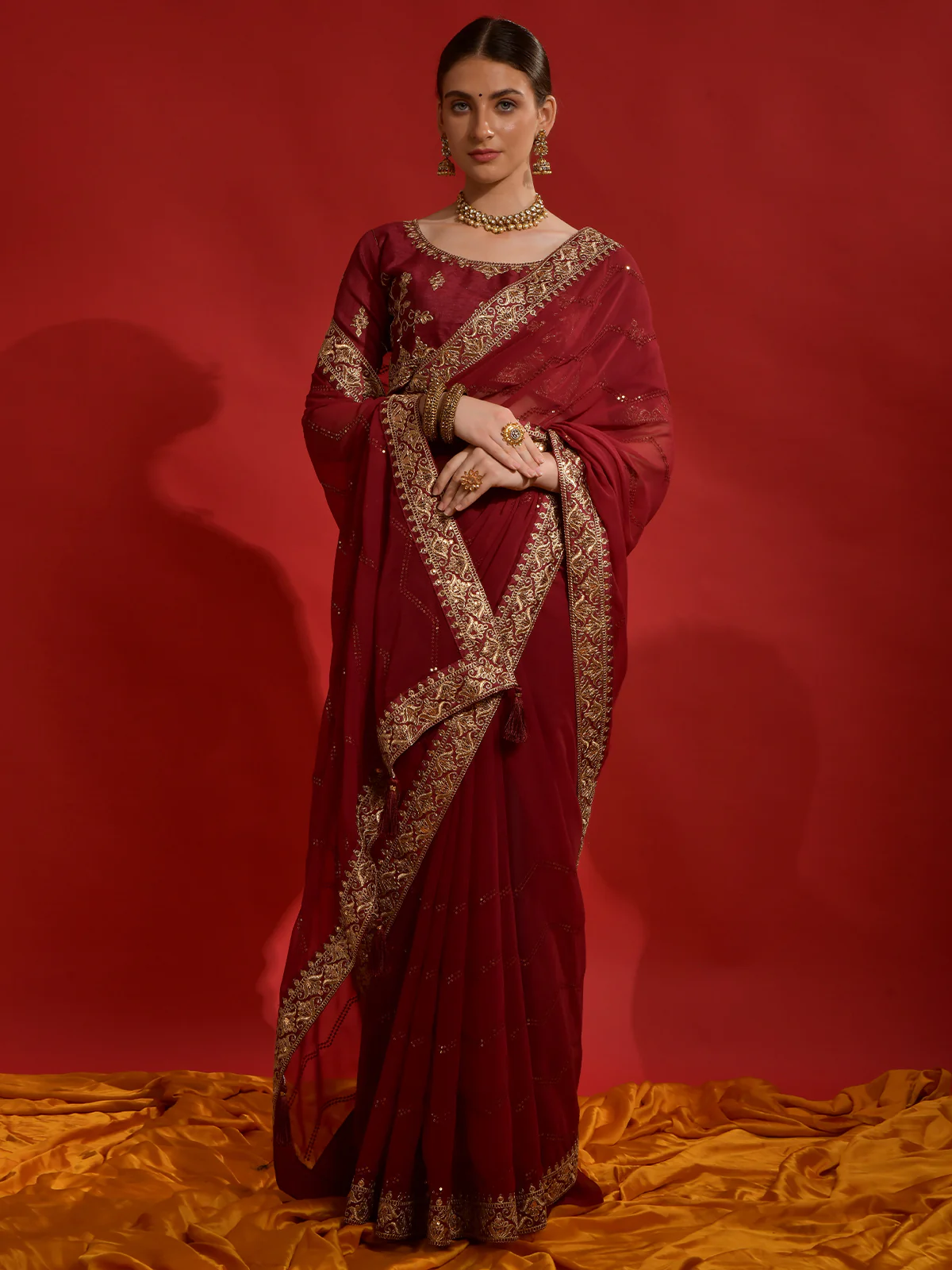 Odette Maroon Embroidered Georgette Saree With Unstitched Blouse For Women - Image 3