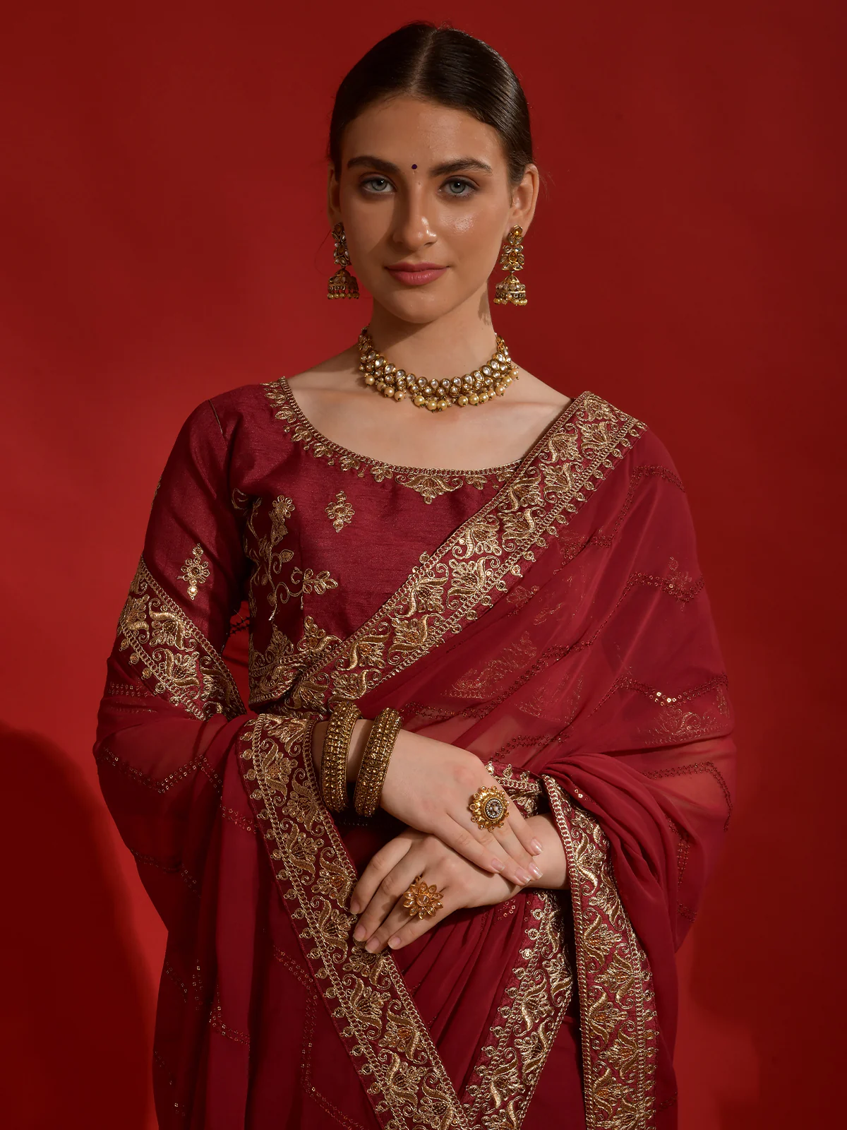 Odette Maroon Embroidered Georgette Saree With Unstitched Blouse For Women - Image 5