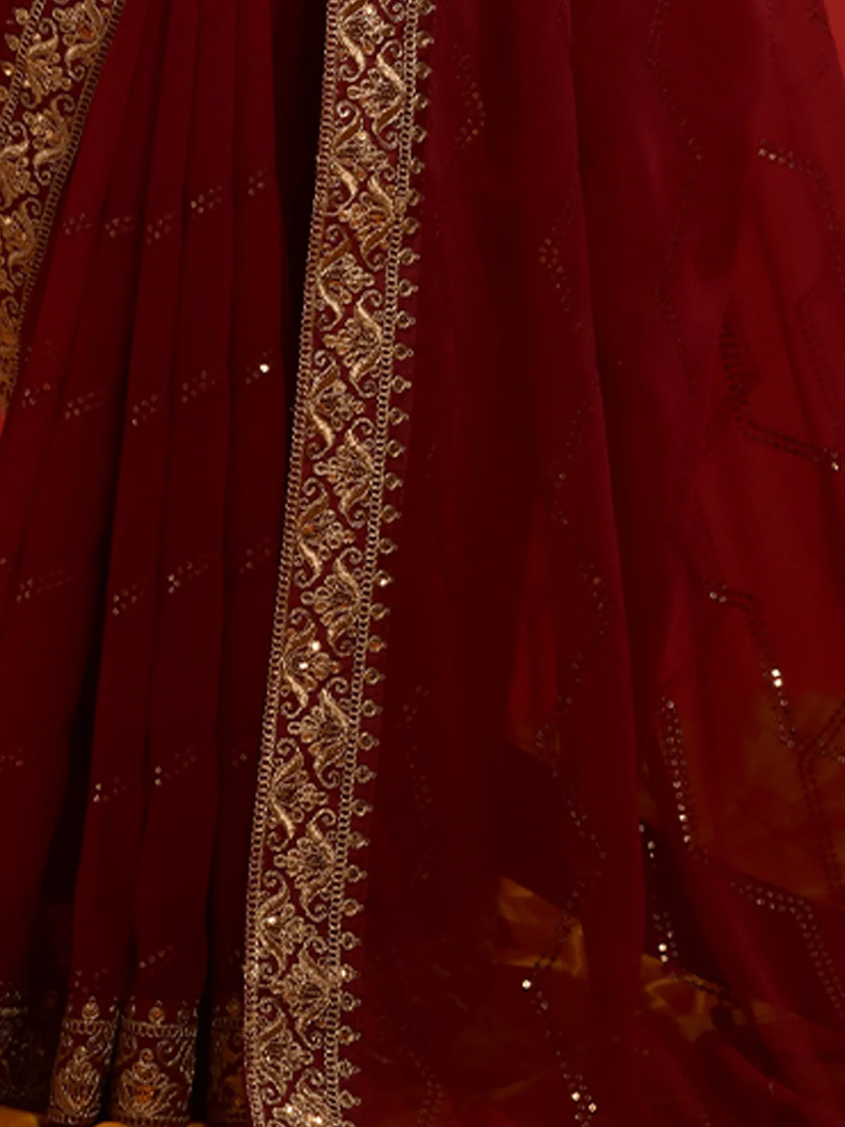 Odette Maroon Embroidered Georgette Saree With Unstitched Blouse For Women - Image 8