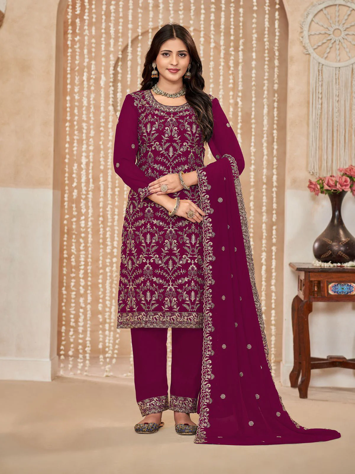 Odette Maroon Embroidered Georgette Semi Stitched Kurta Set With Dupatta For Women - Image 2
