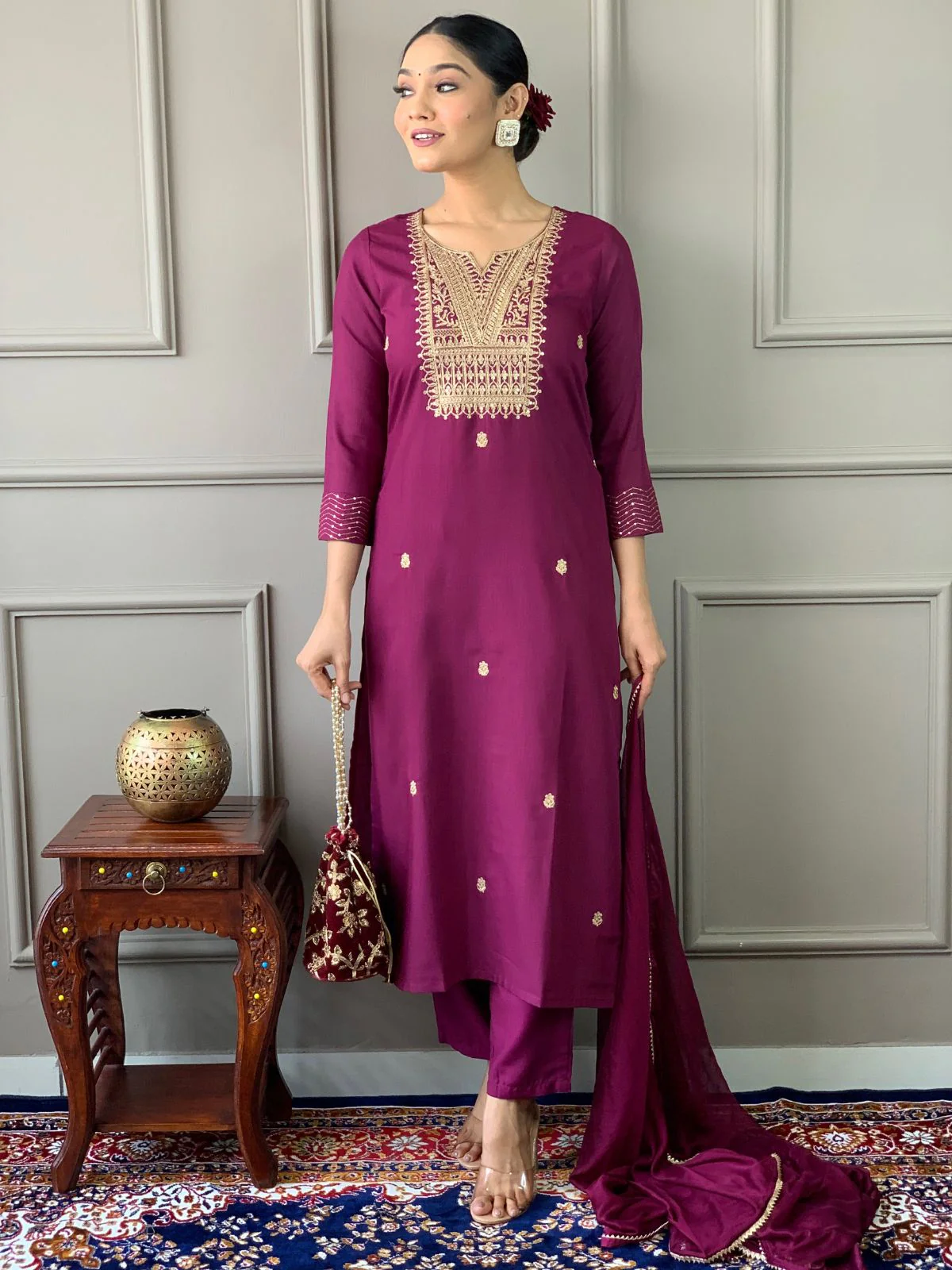 Odette Maroon Embroidered Rayon Stitched Kurta Salwar Set For Women - Image 2