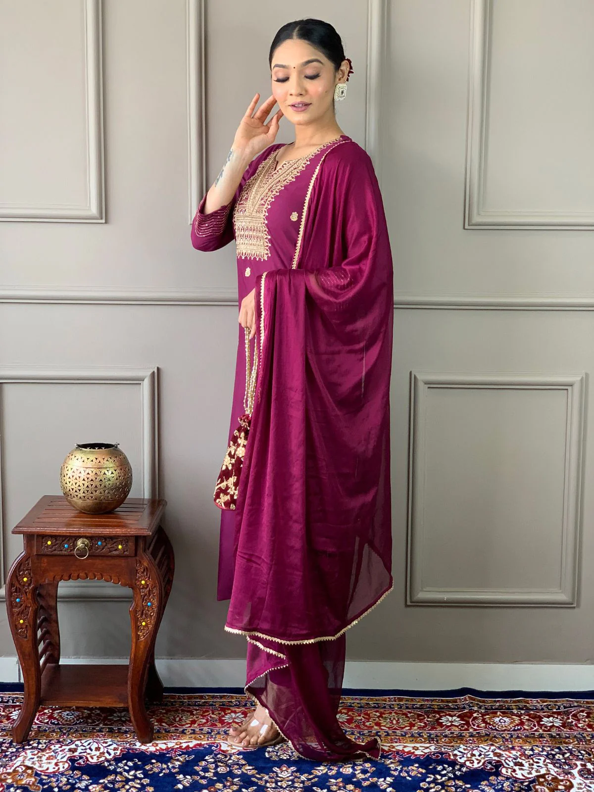 Odette Maroon Embroidered Rayon Stitched Kurta Salwar Set For Women - Image 3