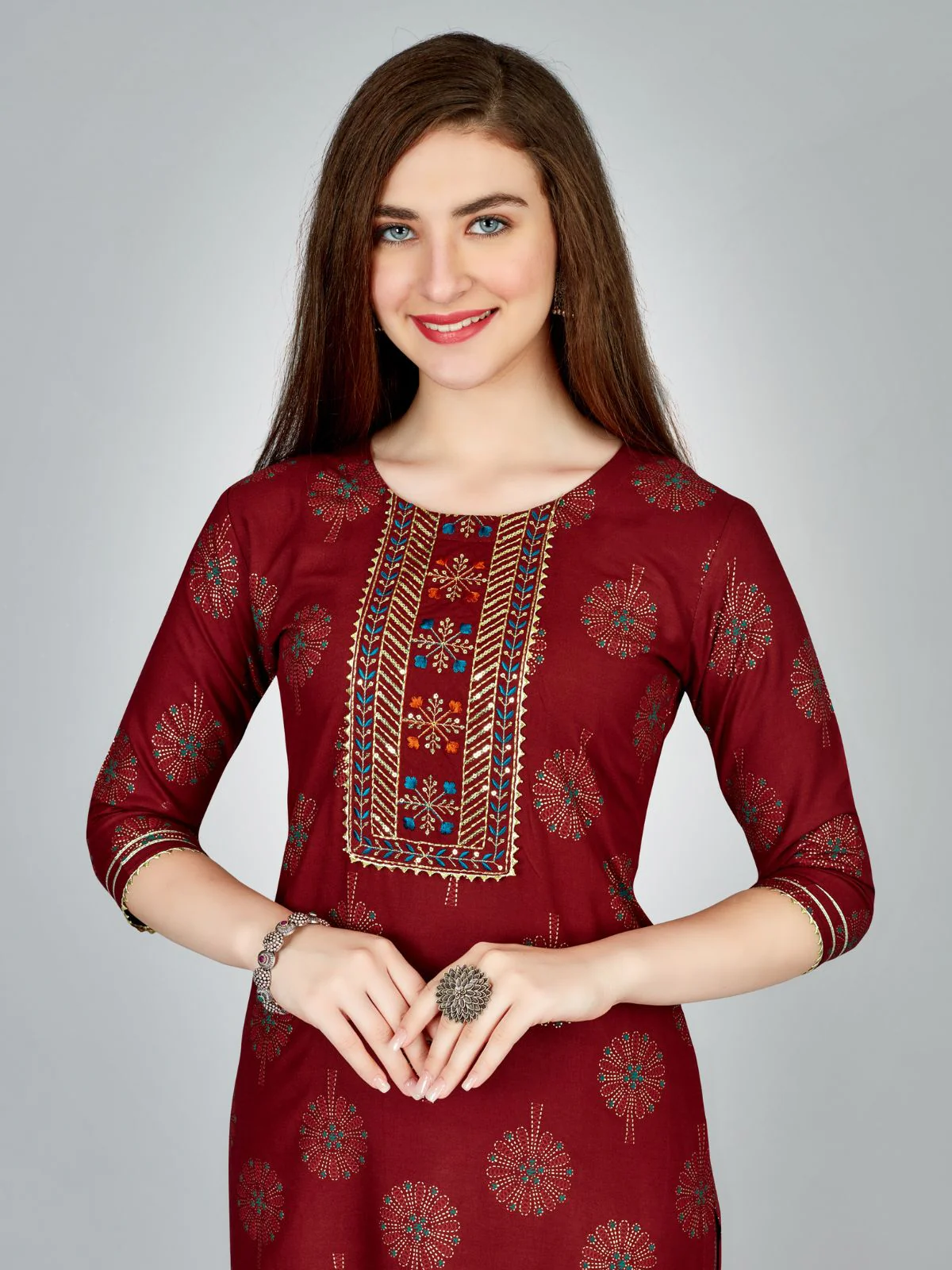 Odette Maroon Embroidered Rayon Stitched Kurta Set For Women - Image 4
