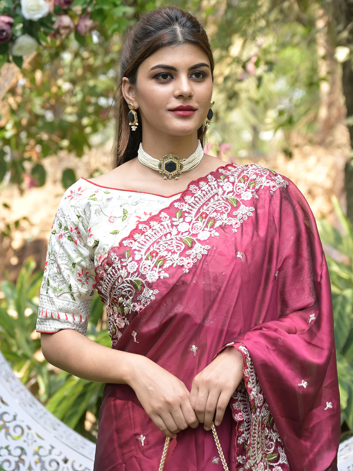Odette Maroon Embroidered Satin Georgette Saree with Unstitched Blouse for Women - Image 4