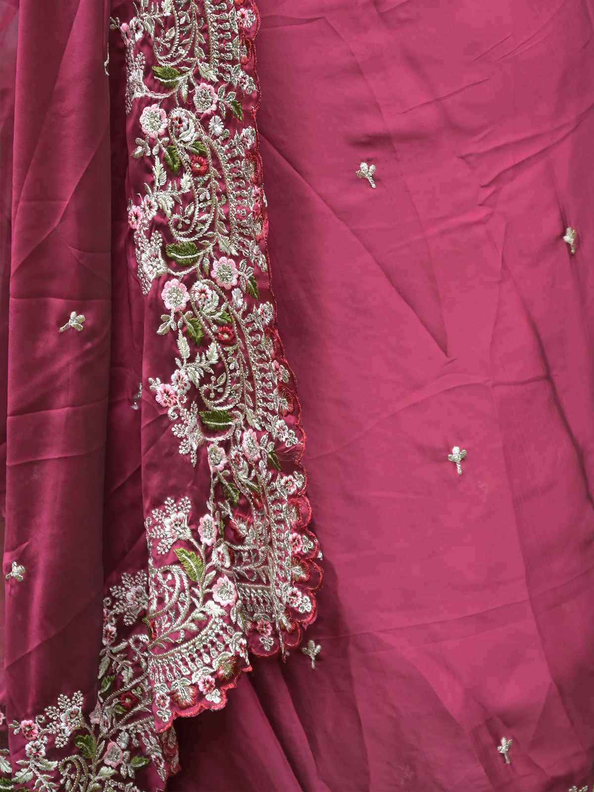 Odette Maroon Embroidered Satin Georgette Saree with Unstitched Blouse for Women - Image 5