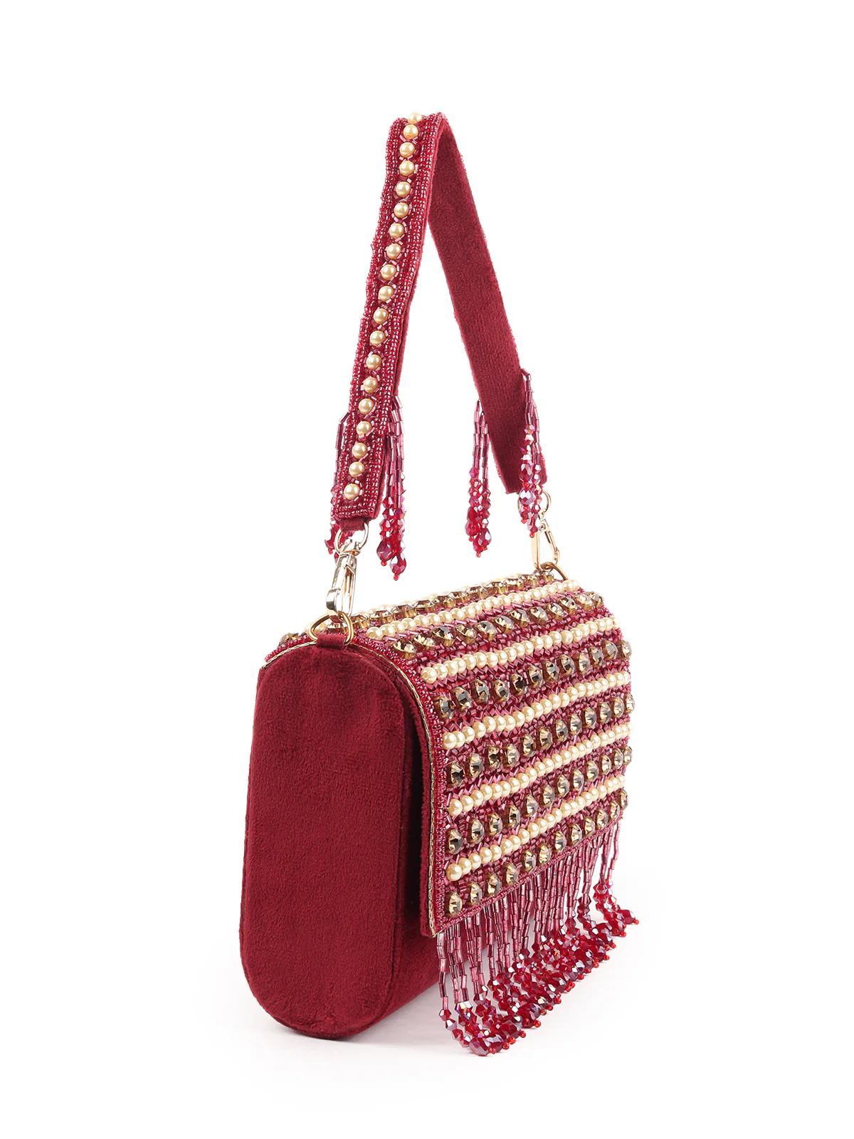 Odette Maroon Embroidered Tasseled Bridal Clutch For Women - Image 4