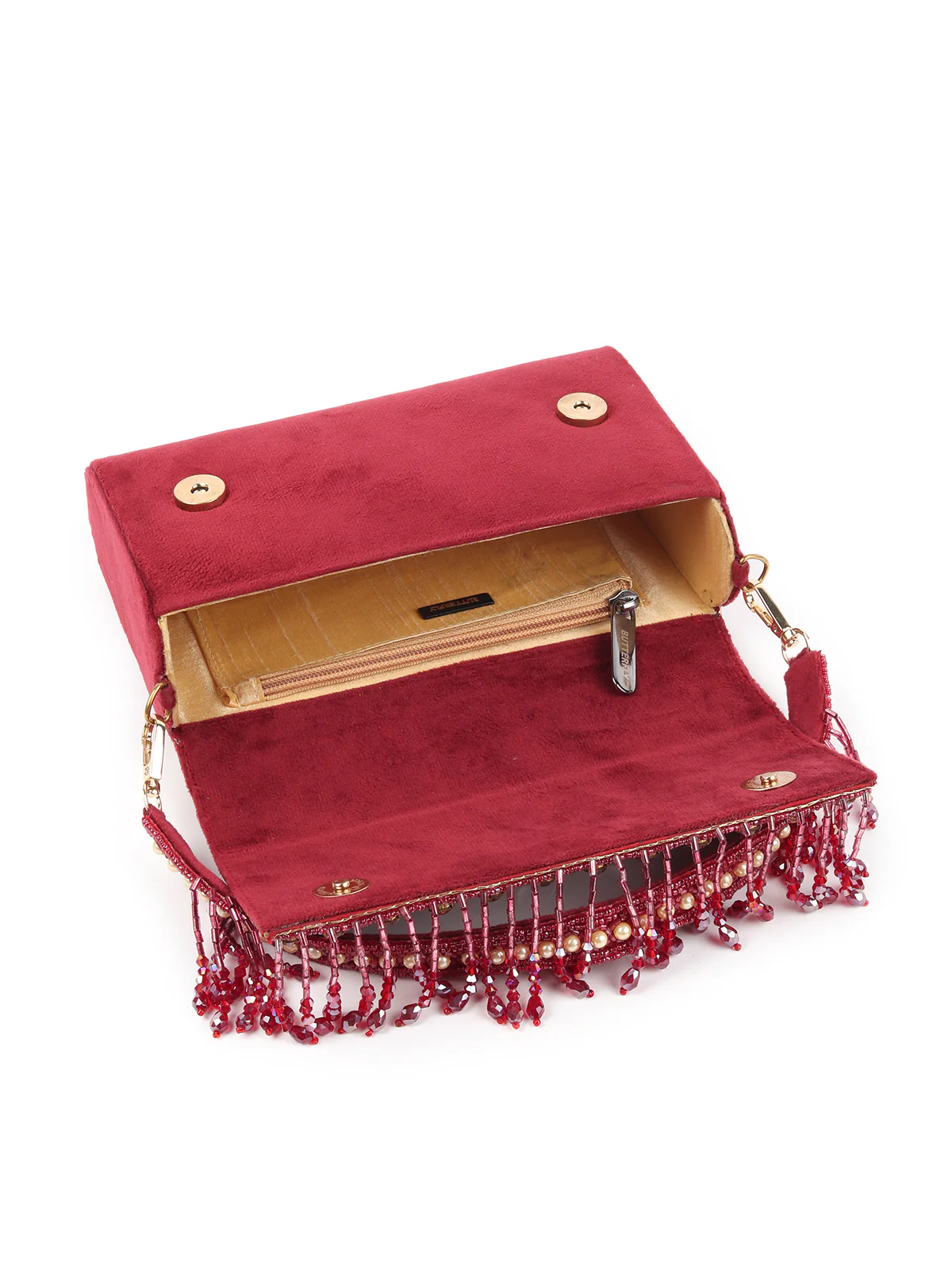 Odette Maroon Embroidered Tasseled Bridal Clutch For Women - Image 6