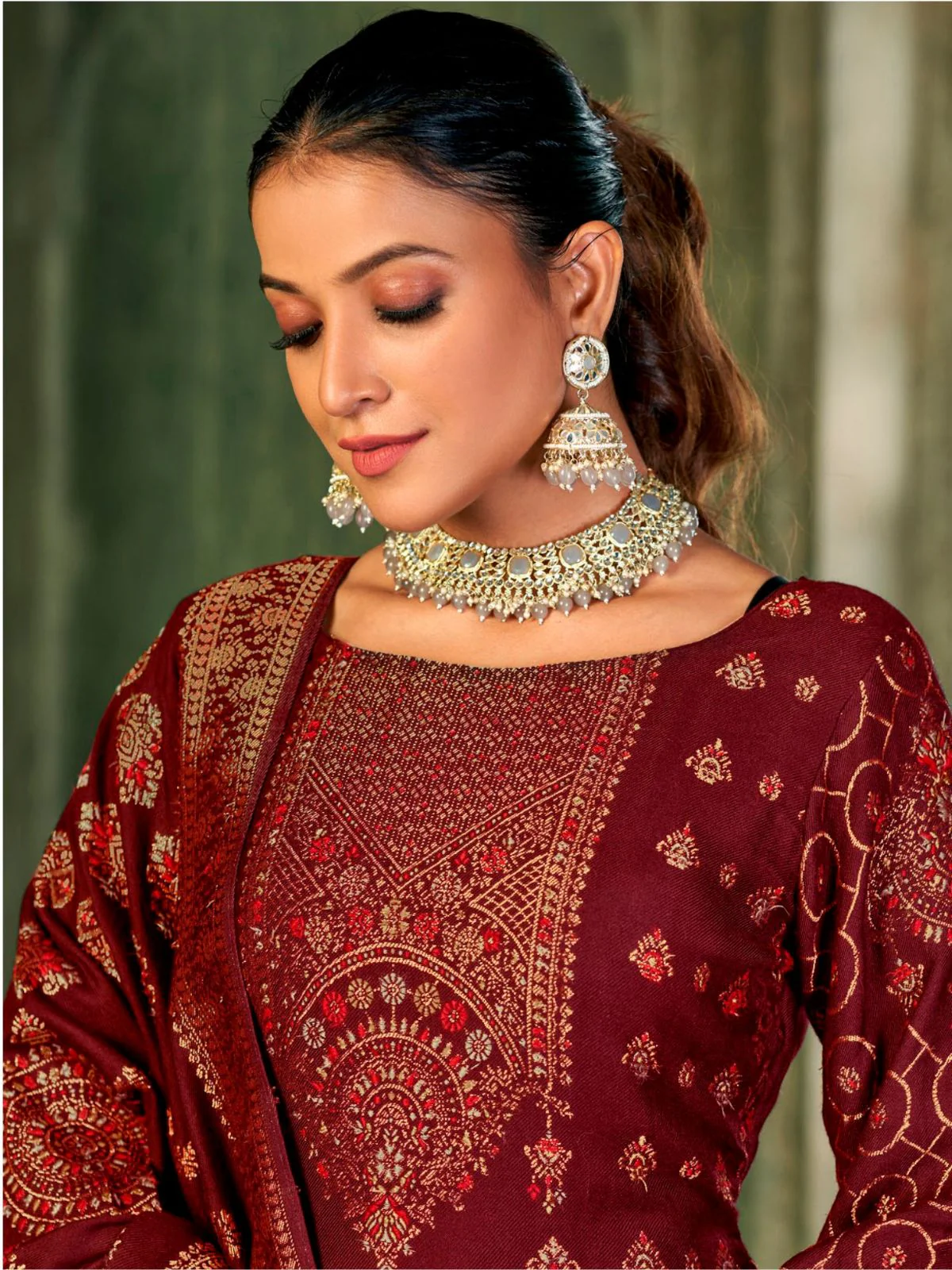 Odette Maroon Embroidered Viscose Semi Stitched Kurta Set For Women - Image 2